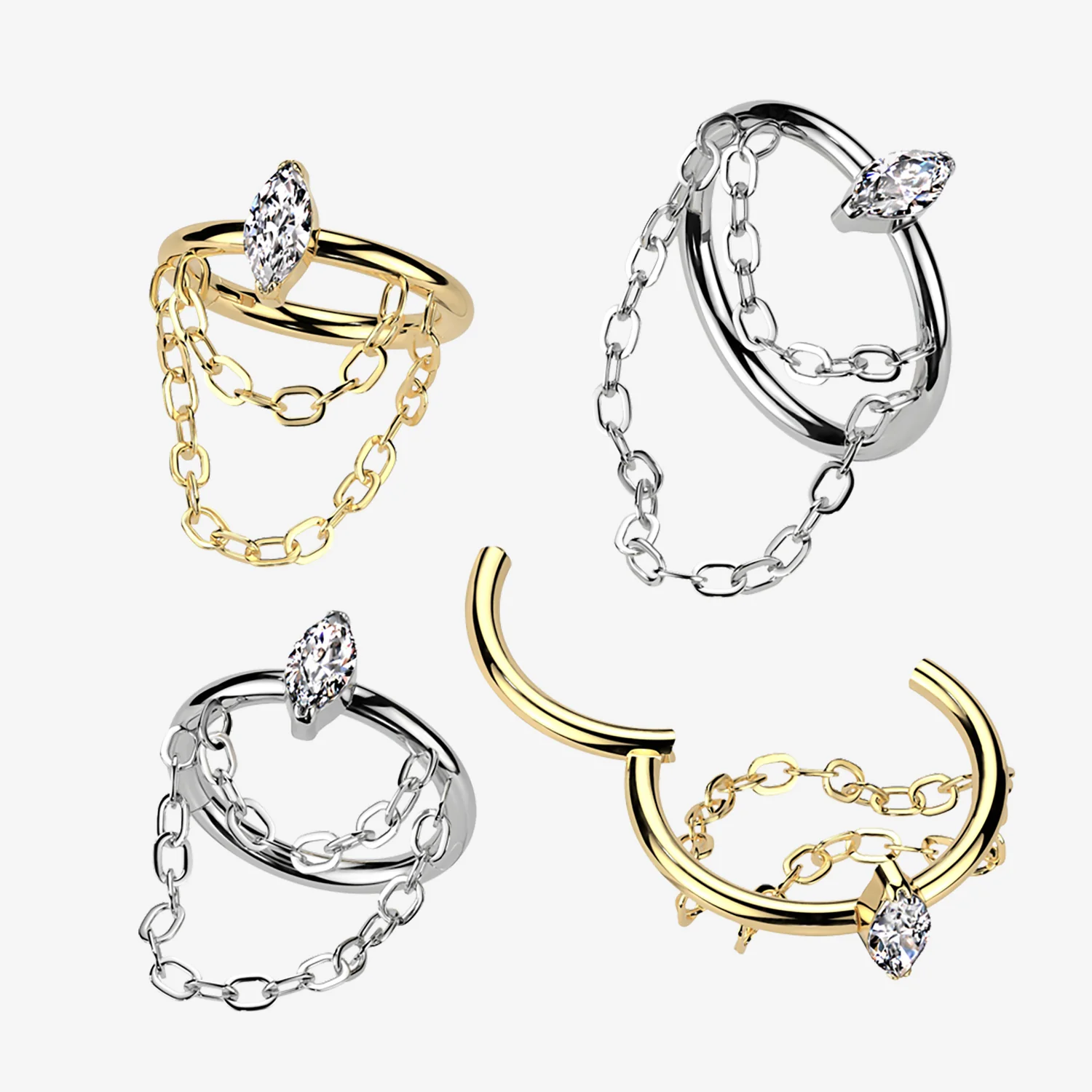 Implant Grade Titanium Double Chained Marquise Sparkle Clicker Hoop Ring - Image 2