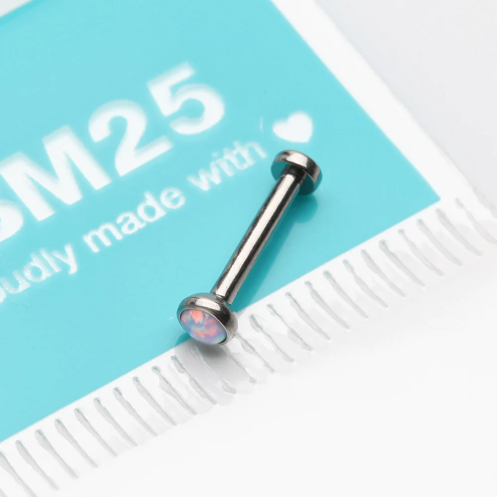 Implant Grade Titanium OneFit Threadless Fire Opal Bezel Set Top Flat Back Stud Labret - Image 4