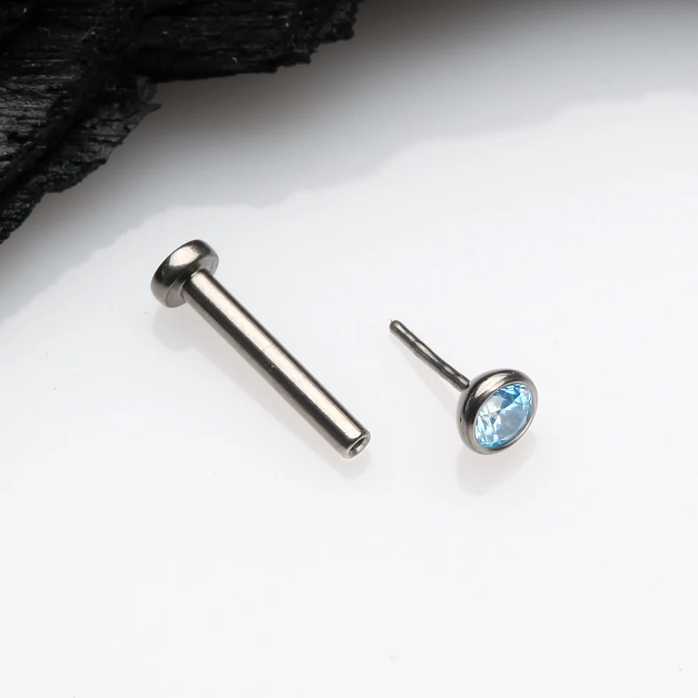 Implant Grade Titanium OneFit Threadless Gem Bezel Set Top Flat Back Stud Labret - Image 3