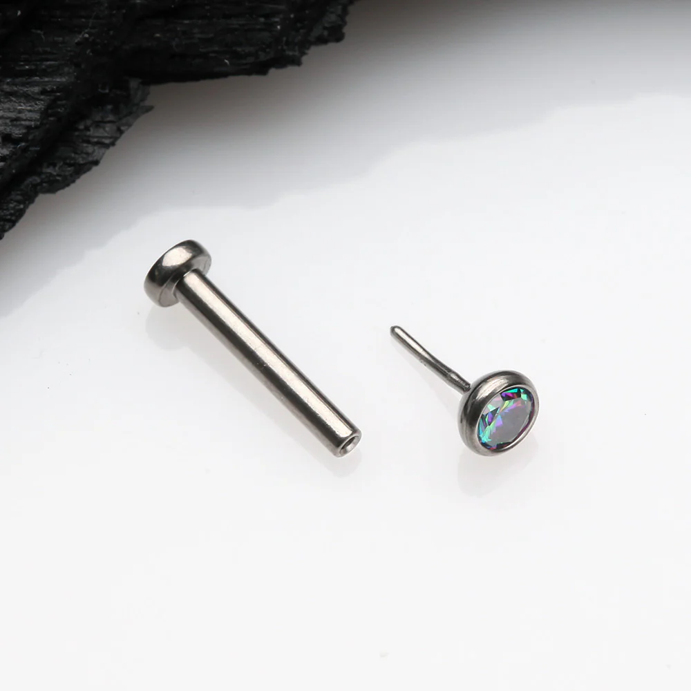 Implant Grade Titanium OneFit Threadless Gem Bezel Set Top Flat Back Stud Labret - Image 3