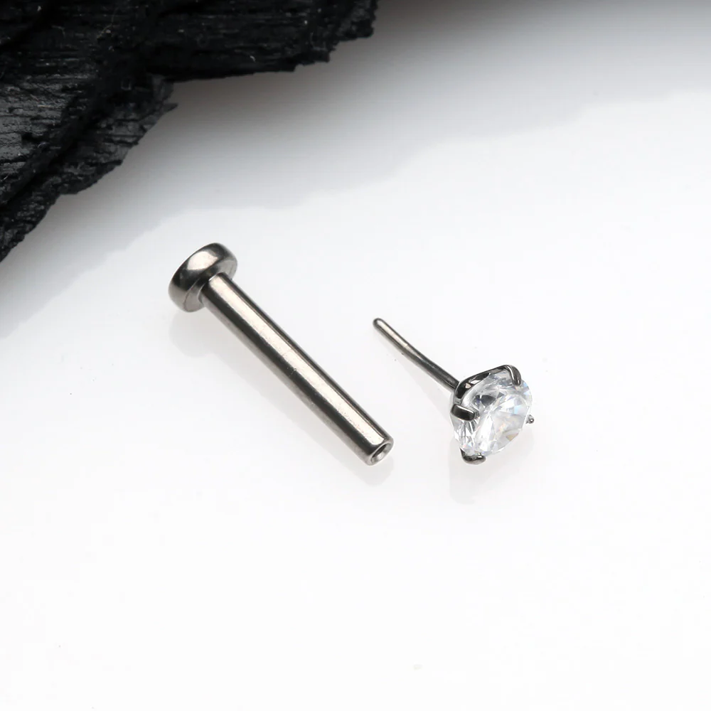 Implant Grade Titanium OneFit Threadless Gem Prong Set Top Flat Back Stud Labret - Image 3