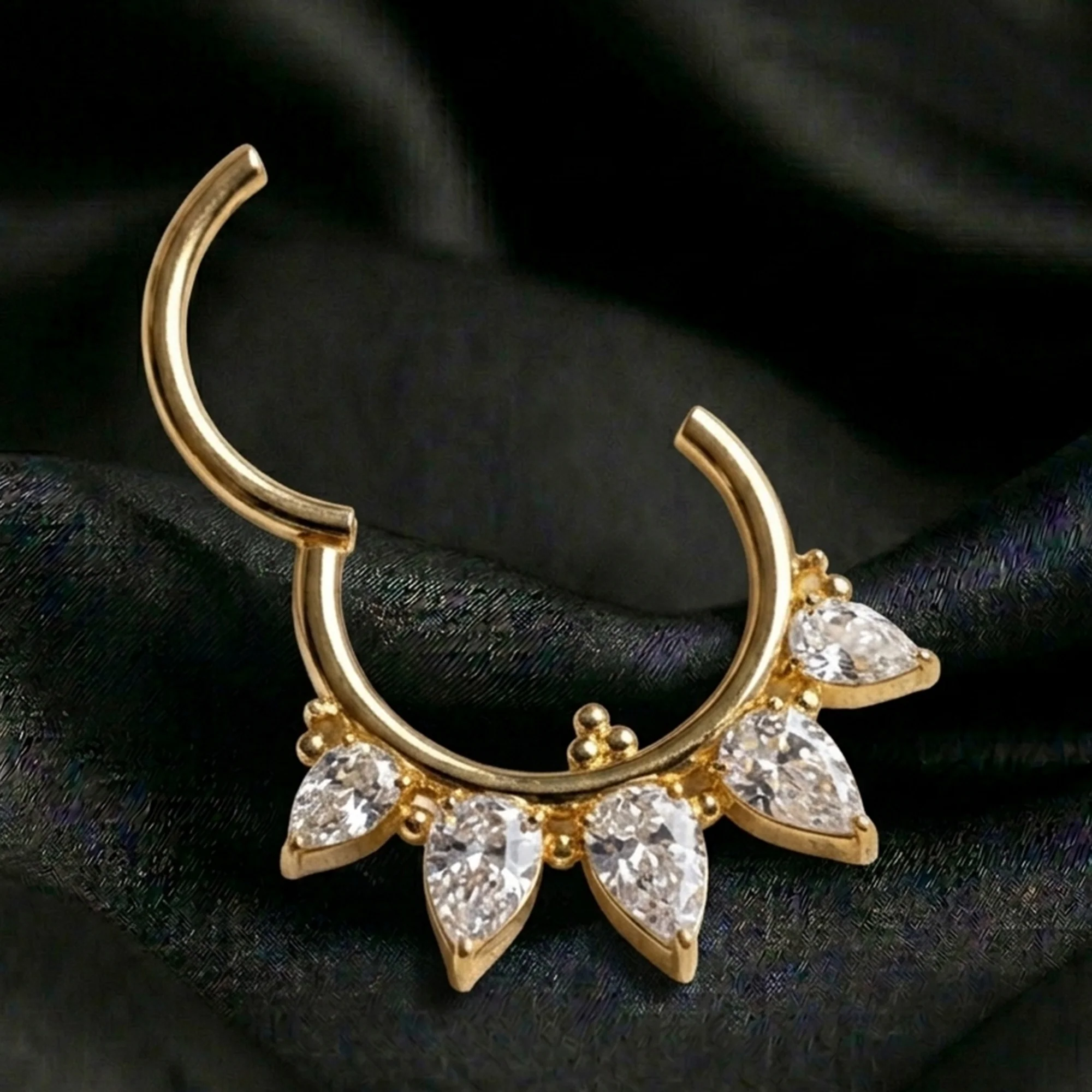 Implant Grade Titanium Golden Bali Sparkle Floral Clicker Hoop Ring - Image 3