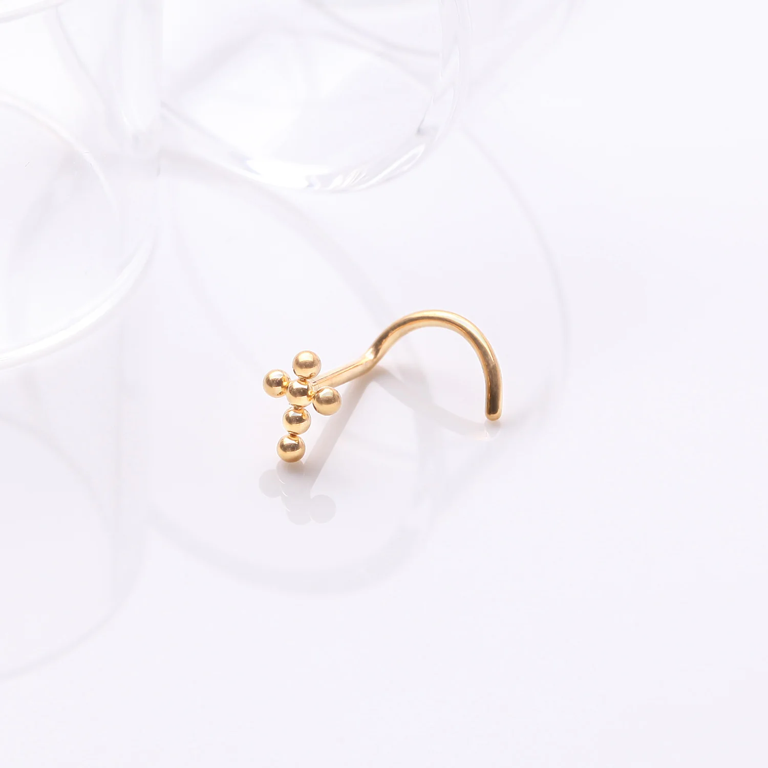Implant Grade Titanium Golden Beaded Cross Top Nose Screw Ring - Image 2