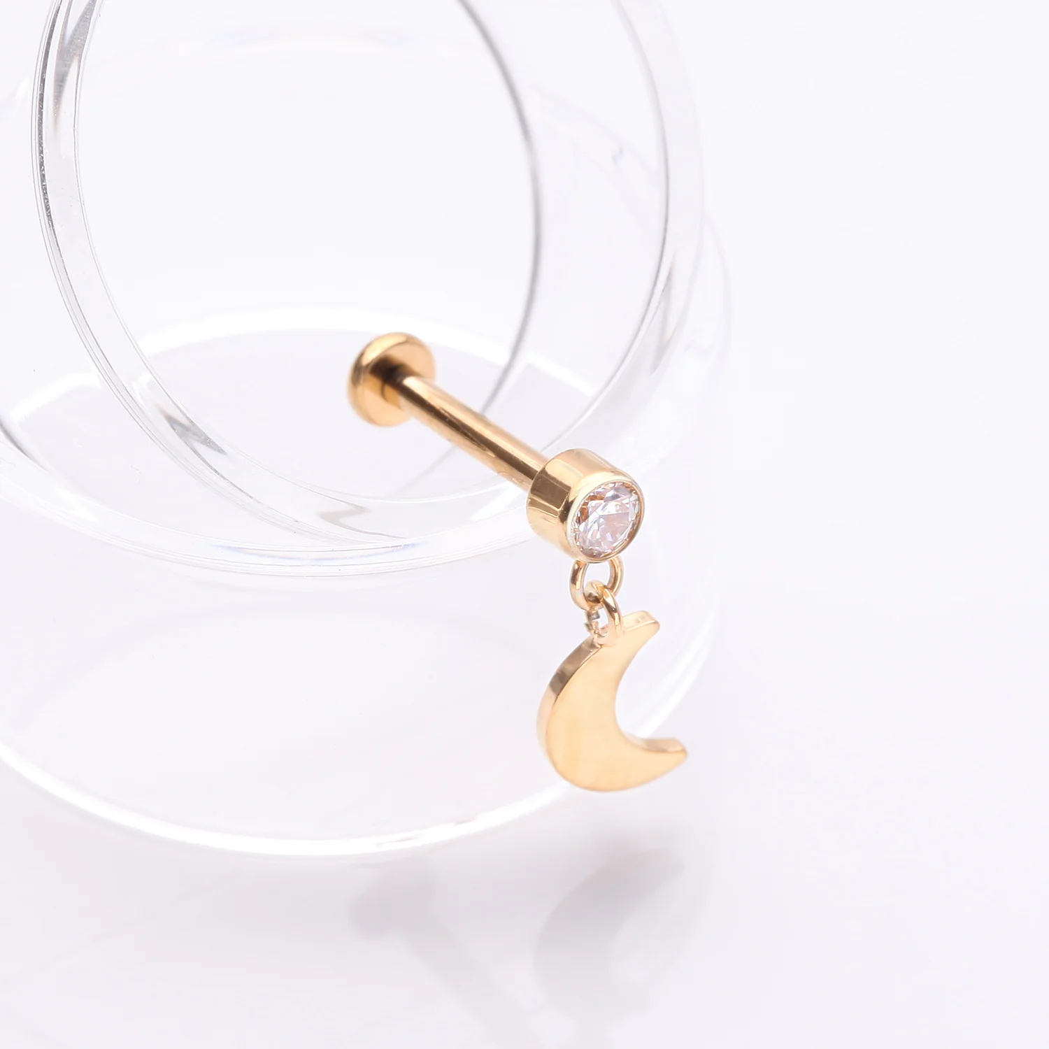 Implant Grade Titanium Golden Bezel Gem Crescent Moon Dangle Internally Threaded Flat Back Labret - Image 2