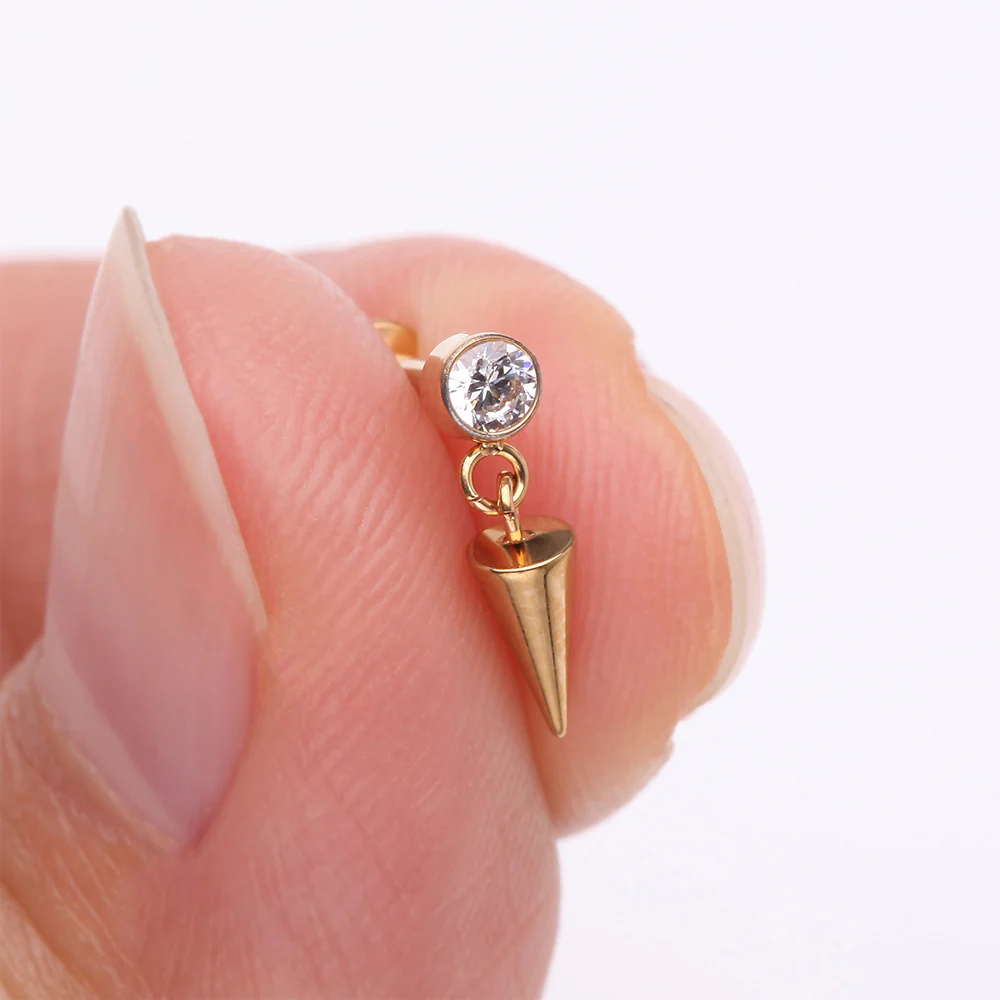 Implant Grade Titanium Golden Bezel Gem Spike Cone Dangle Internally Threaded Flat Back Labret - Image 3
