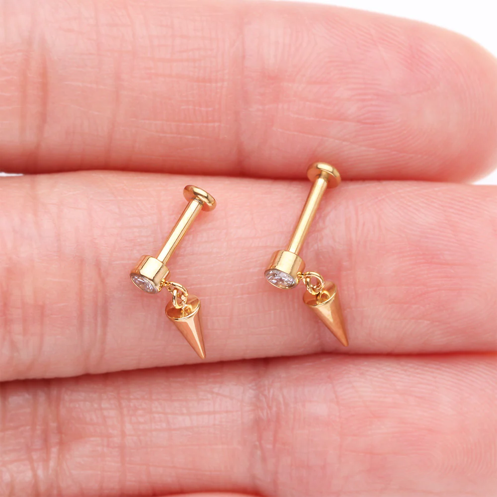 Implant Grade Titanium Golden Bezel Gem Spike Cone Dangle Internally Threaded Flat Back Labret - Image 4