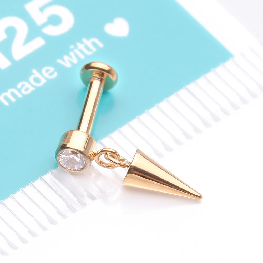 Implant Grade Titanium Golden Bezel Gem Spike Cone Dangle Internally Threaded Flat Back Labret - Image 5