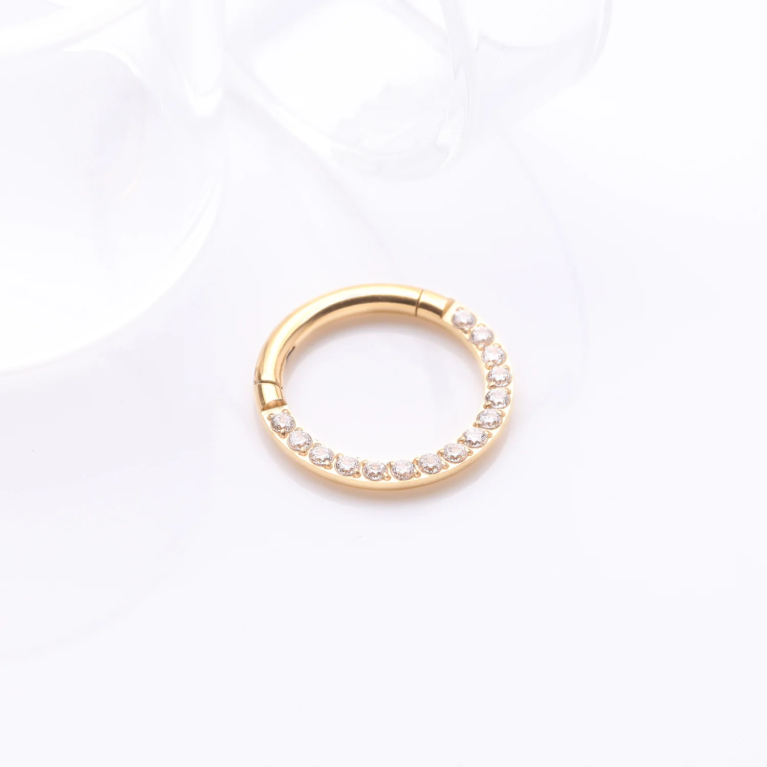 Implant Grade Titanium Golden Brilliant Sparkle Gems Front Lined Clicker Hoop Ring - Image 2