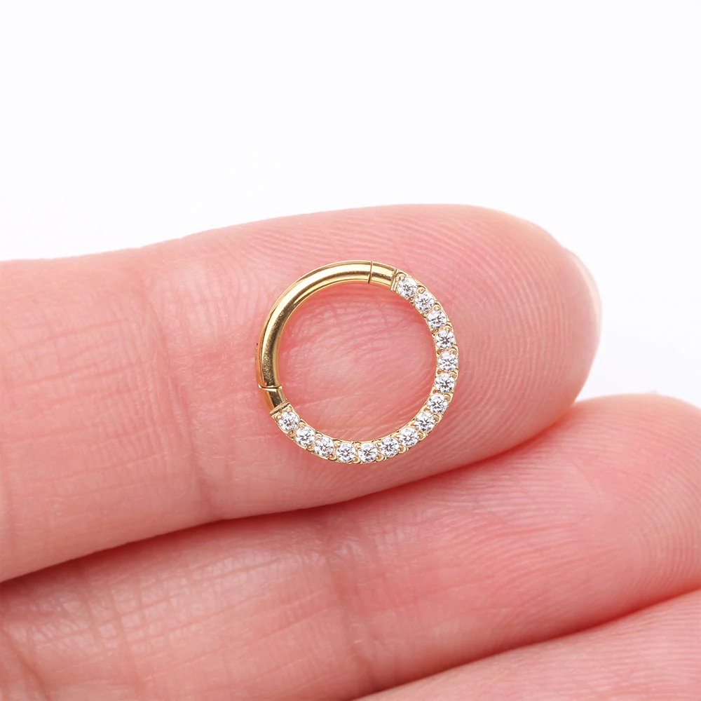 Implant Grade Titanium Golden Brilliant Sparkle Gems Front Lined Clicker Hoop Ring - Image 3