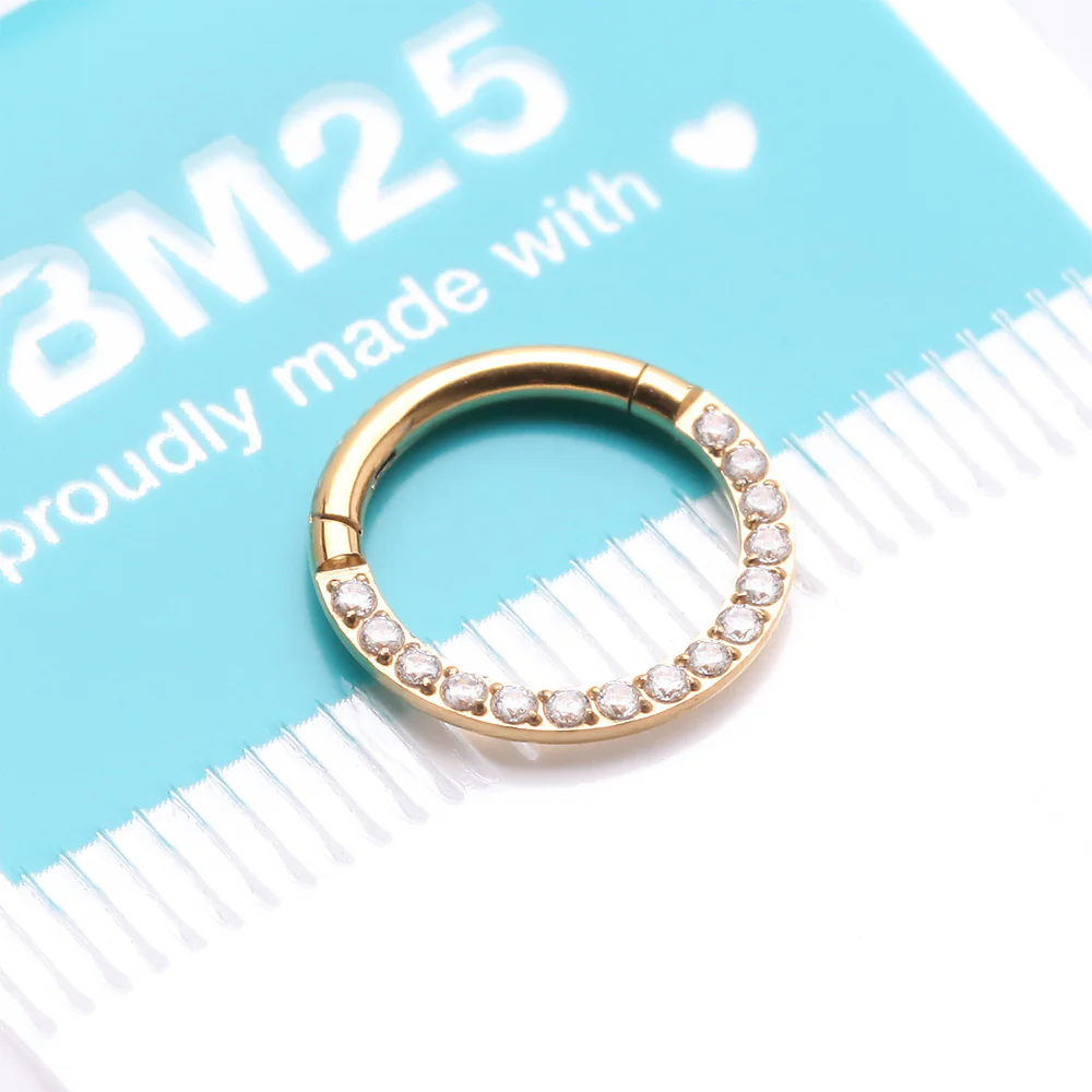 Implant Grade Titanium Golden Brilliant Sparkle Gems Front Lined Clicker Hoop Ring - Image 4