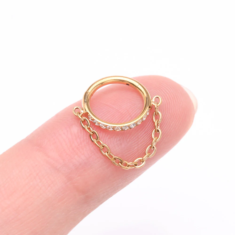 Implant Grade Titanium Golden Brilliant Sparkle Rim Chained Clicker Hoop Ring - Image 3