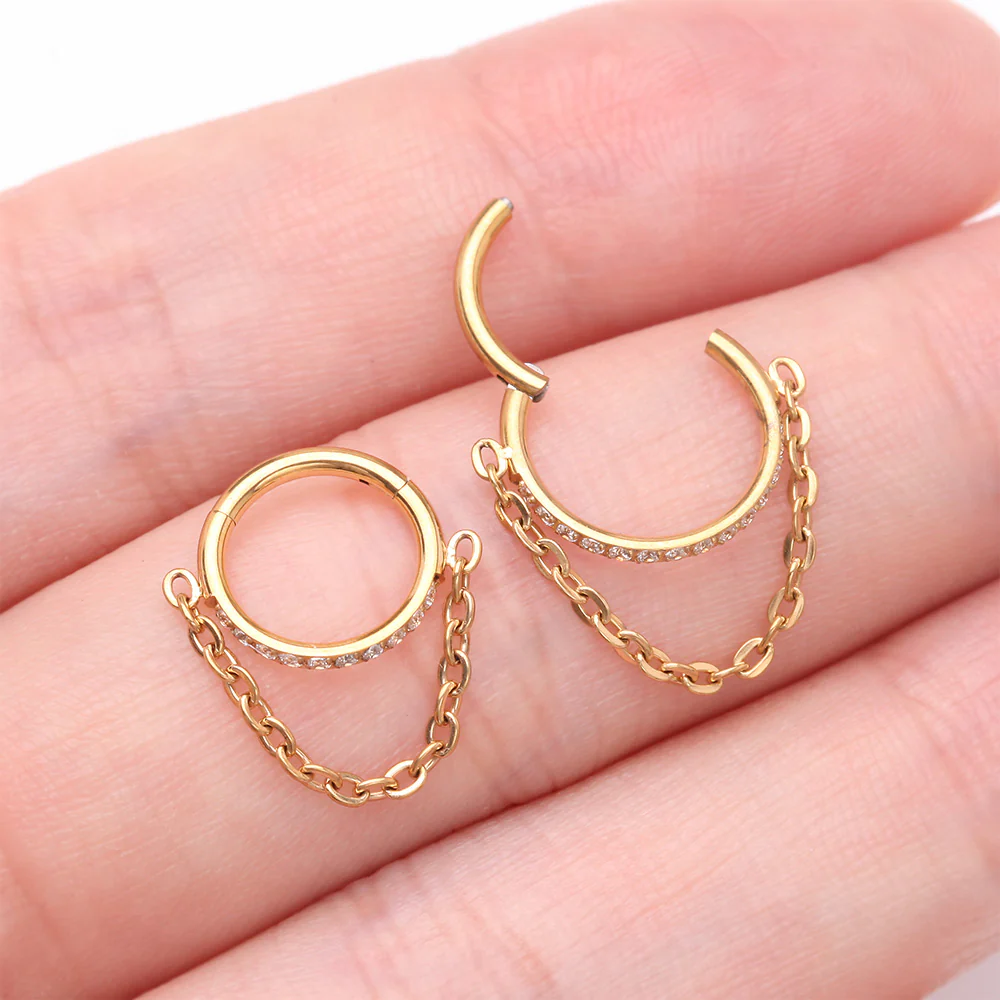 Implant Grade Titanium Golden Brilliant Sparkle Rim Chained Clicker Hoop Ring - Image 4