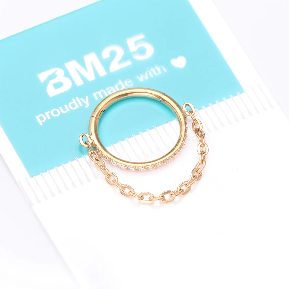 Implant Grade Titanium Golden Brilliant Sparkle Rim Chained Clicker Hoop Ring - Image 5