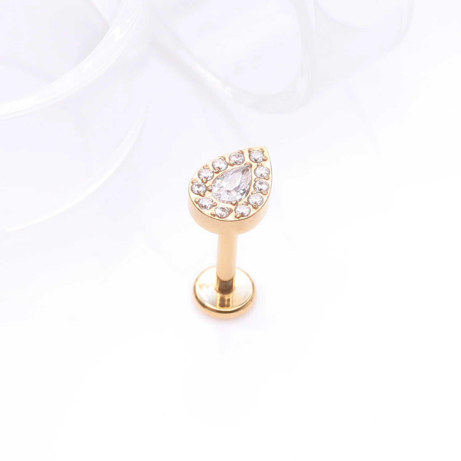 Implant Grade Titanium Golden Brilliant Teardrop Sparkle Internally Threaded Flat Back Stud Labret - Image 2