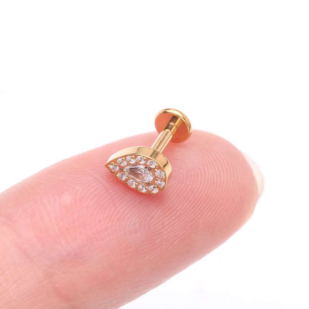 Implant Grade Titanium Golden Brilliant Teardrop Sparkle Internally Threaded Flat Back Stud Labret - Image 3