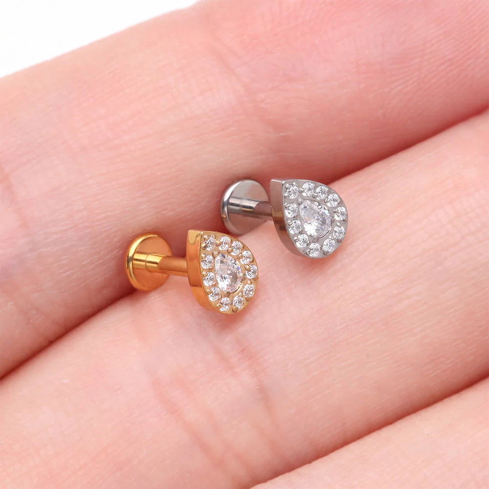 Implant Grade Titanium Golden Brilliant Teardrop Sparkle Internally Threaded Flat Back Stud Labret - Image 4