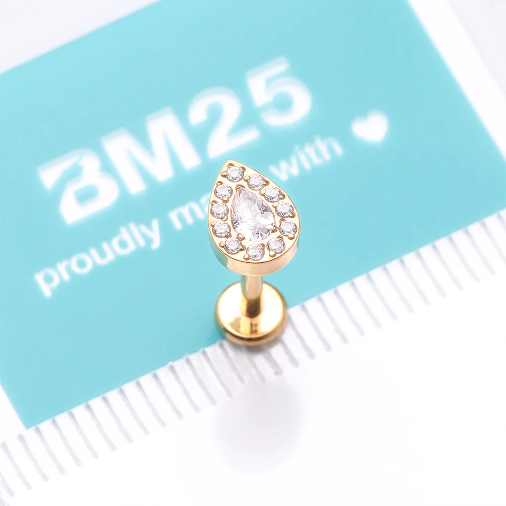 Implant Grade Titanium Golden Brilliant Teardrop Sparkle Internally Threaded Flat Back Stud Labret - Image 5