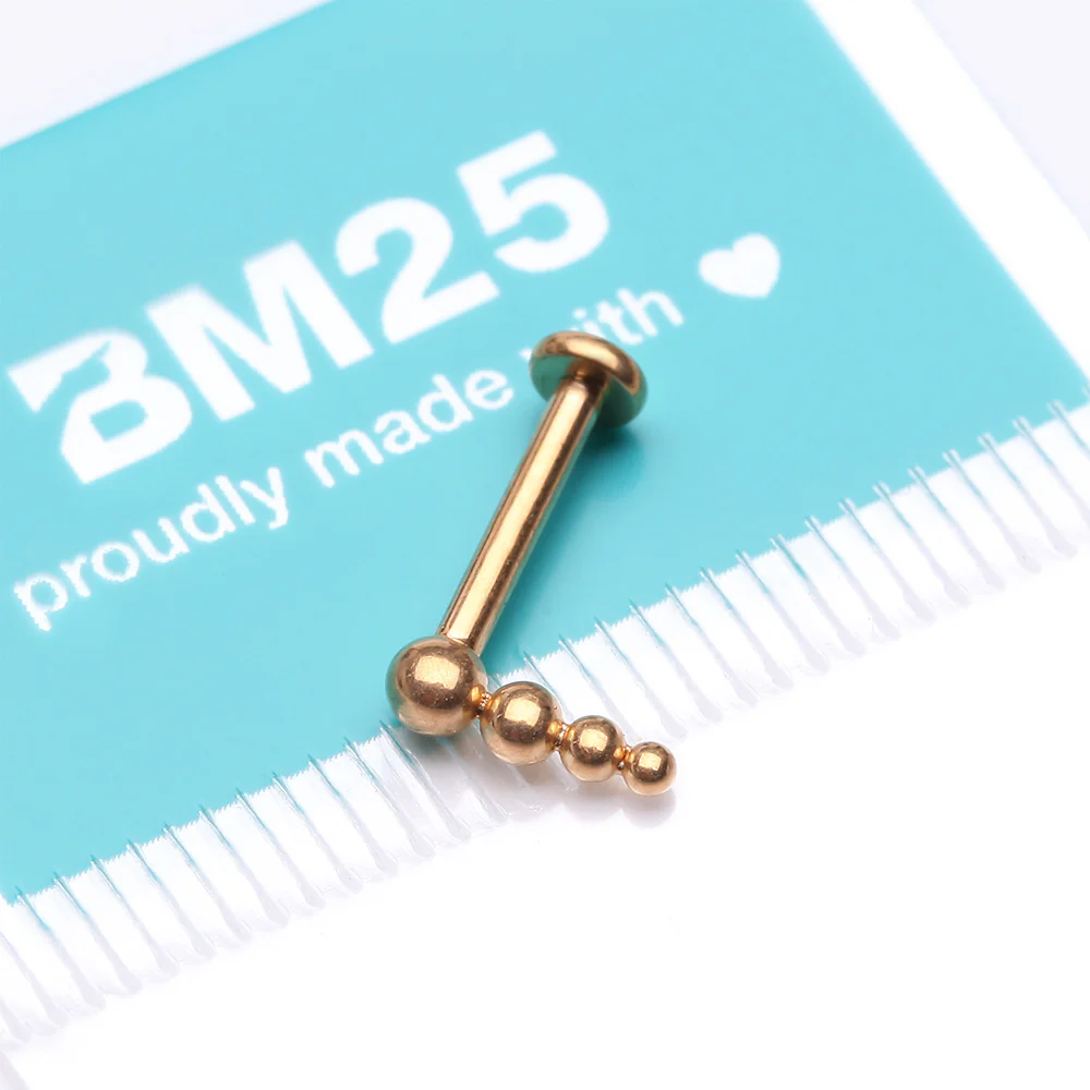 Implant Grade Titanium Golden Cascading Beaded Ball Top Internally Threaded Labret Flat Back Stud - Image 4