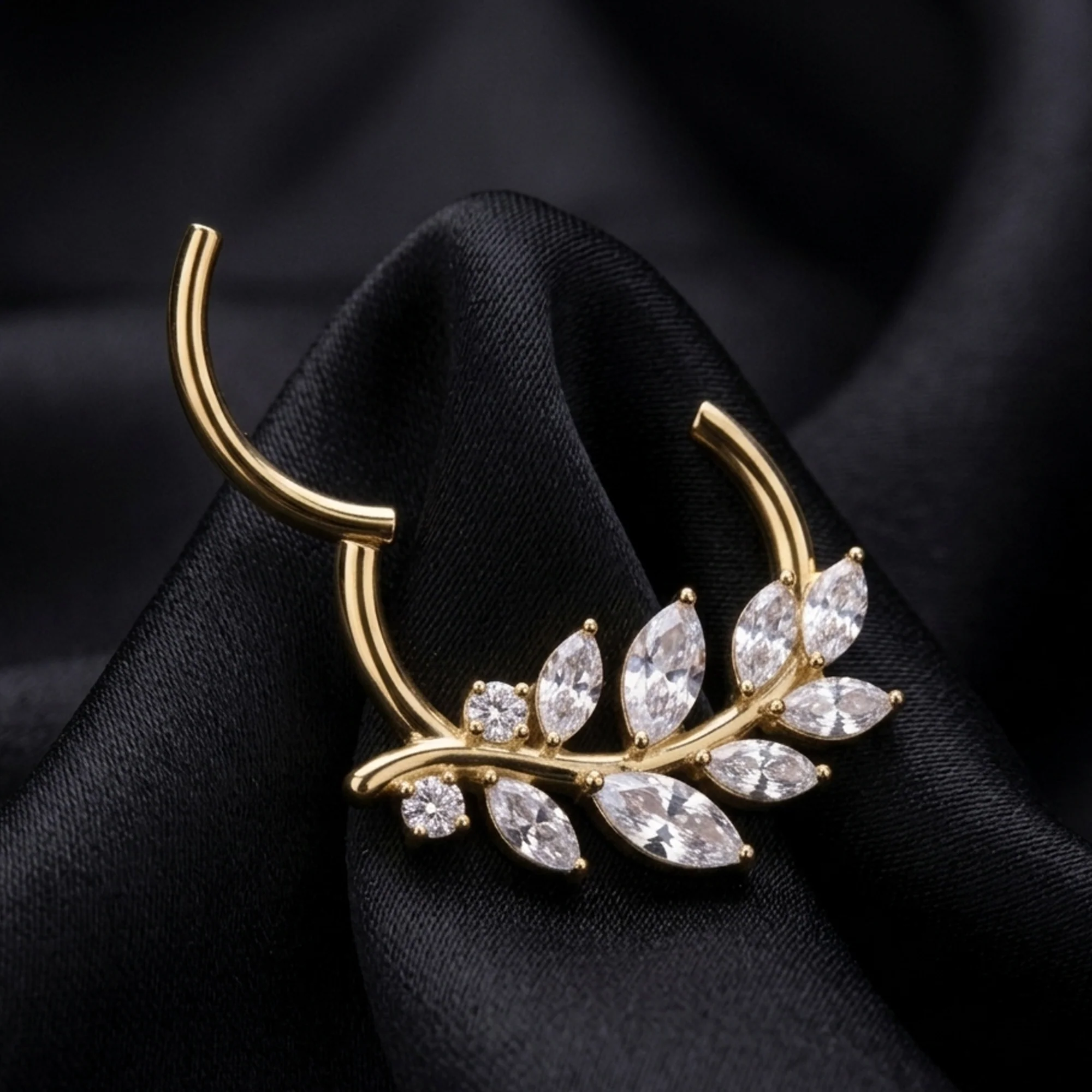 Implant Grade Titanium Golden Classic Sparkle Vine Leaf Clicker Hoop Ring - Image 3