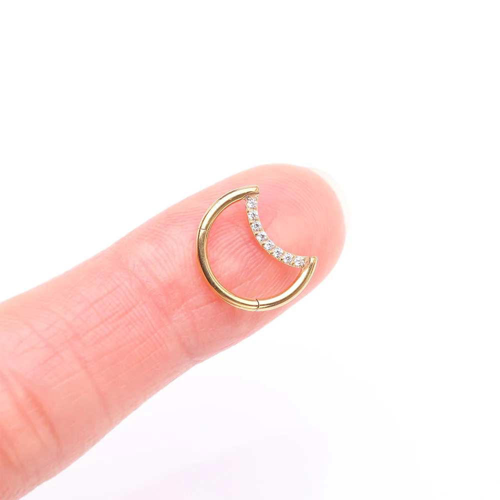 Implant Grade Titanium Golden Crescent Moon Sparkle Clicker Hoop Ring - Image 3