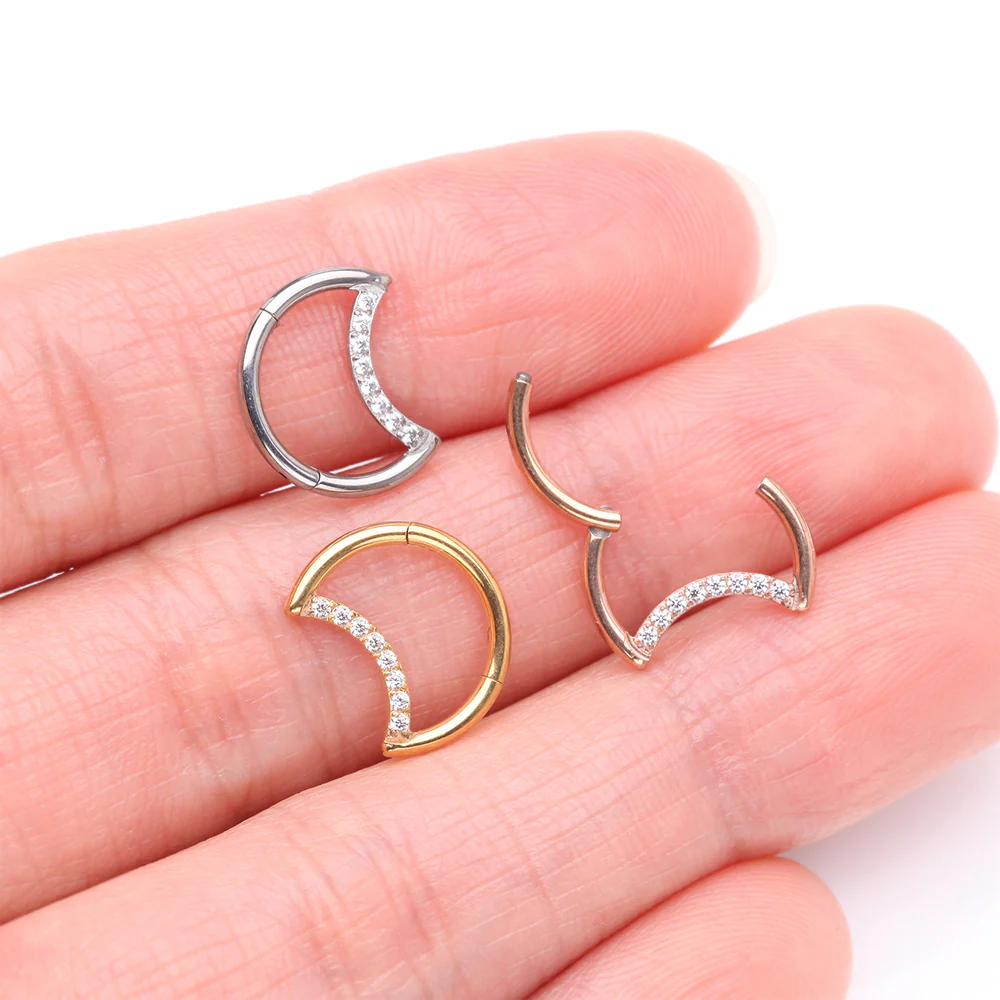 Implant Grade Titanium Golden Crescent Moon Sparkle Clicker Hoop Ring - Image 4