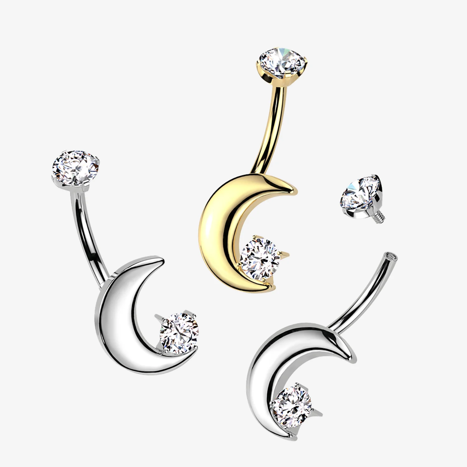 Implant Grade Titanium Golden Crescent Moon Sparkle Internally Threaded Belly Button Ring - Image 2