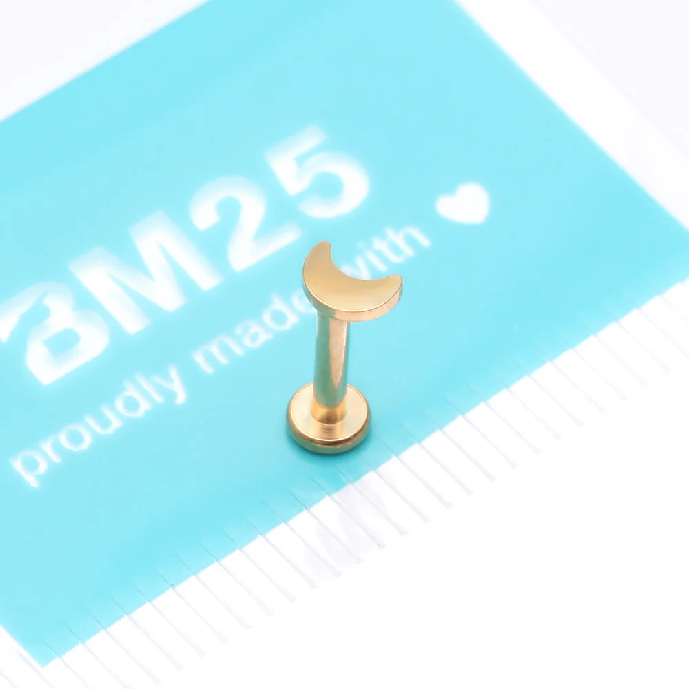 Implant Grade Titanium Golden Crescent Moon Top Internally Threaded Flat Back Stud Labret - Image 4