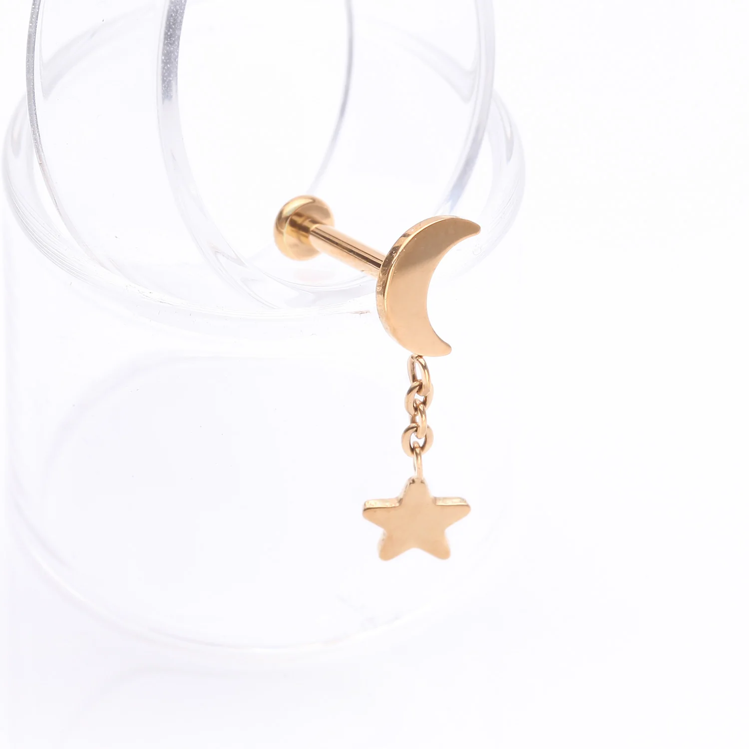Implant Grade Titanium Golden Crescent Moon with Star Dangle Internally Threaded Flat Back Stud Labret - Image 2