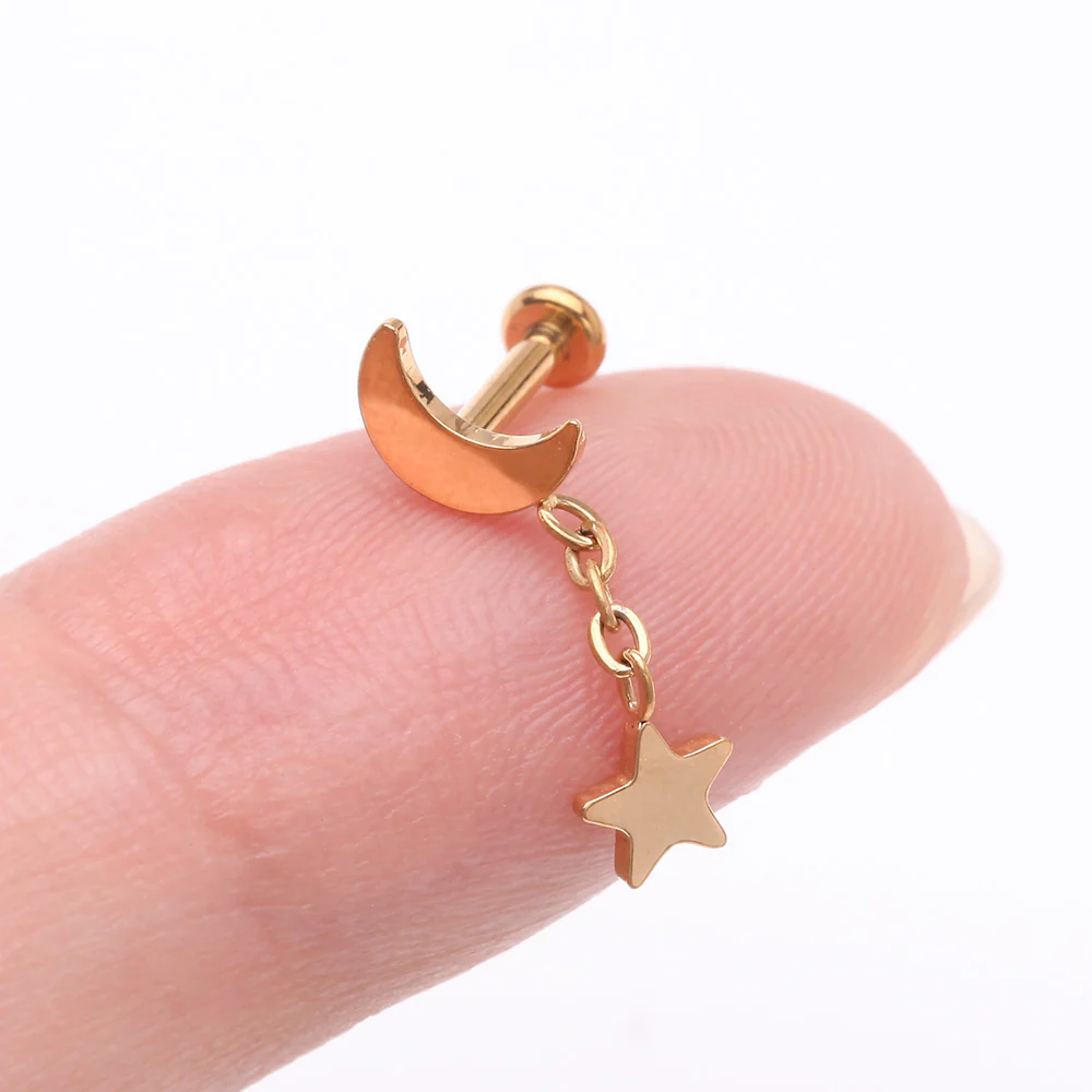 Implant Grade Titanium Golden Crescent Moon with Star Dangle Internally Threaded Flat Back Stud Labret - Image 3