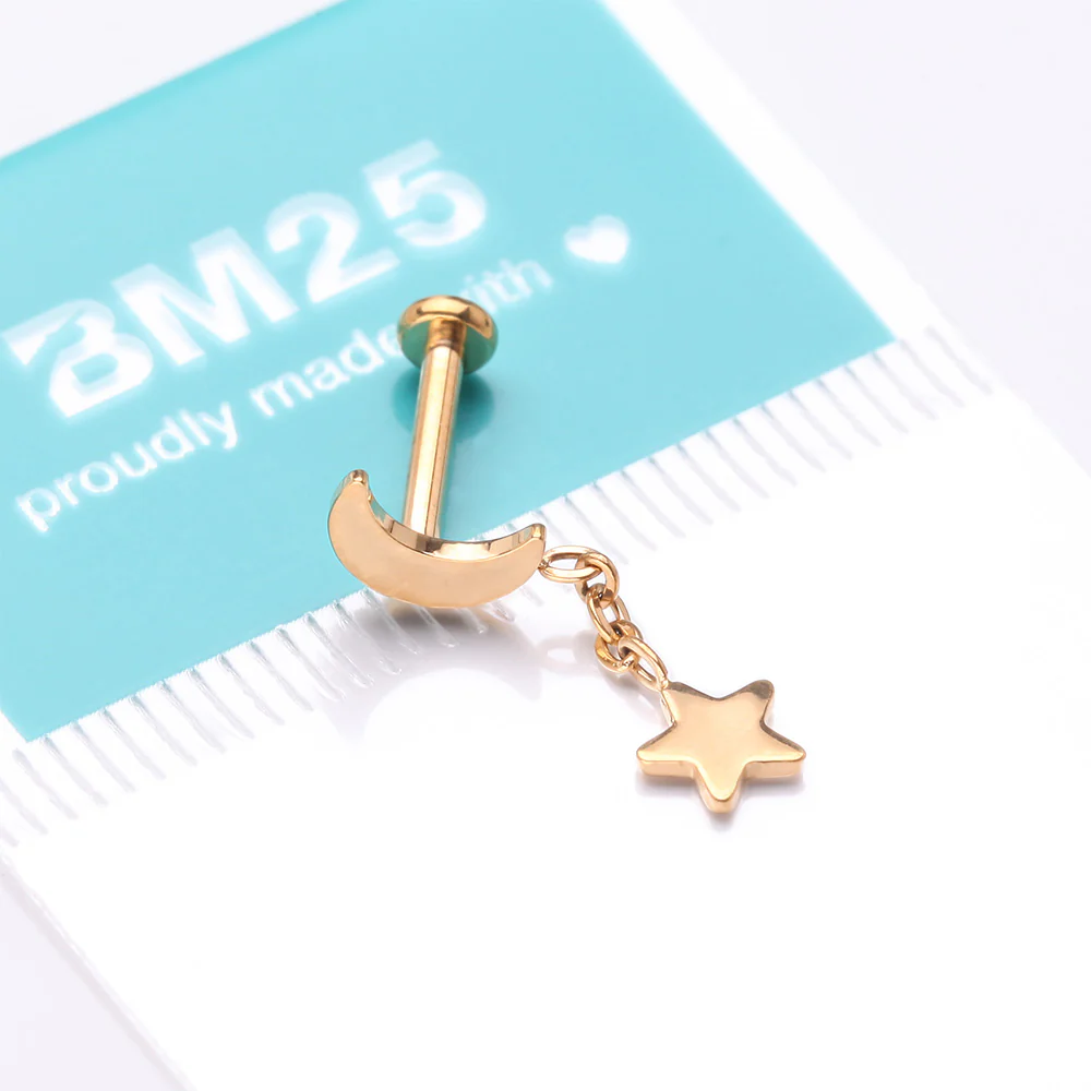 Implant Grade Titanium Golden Crescent Moon with Star Dangle Internally Threaded Flat Back Stud Labret - Image 5