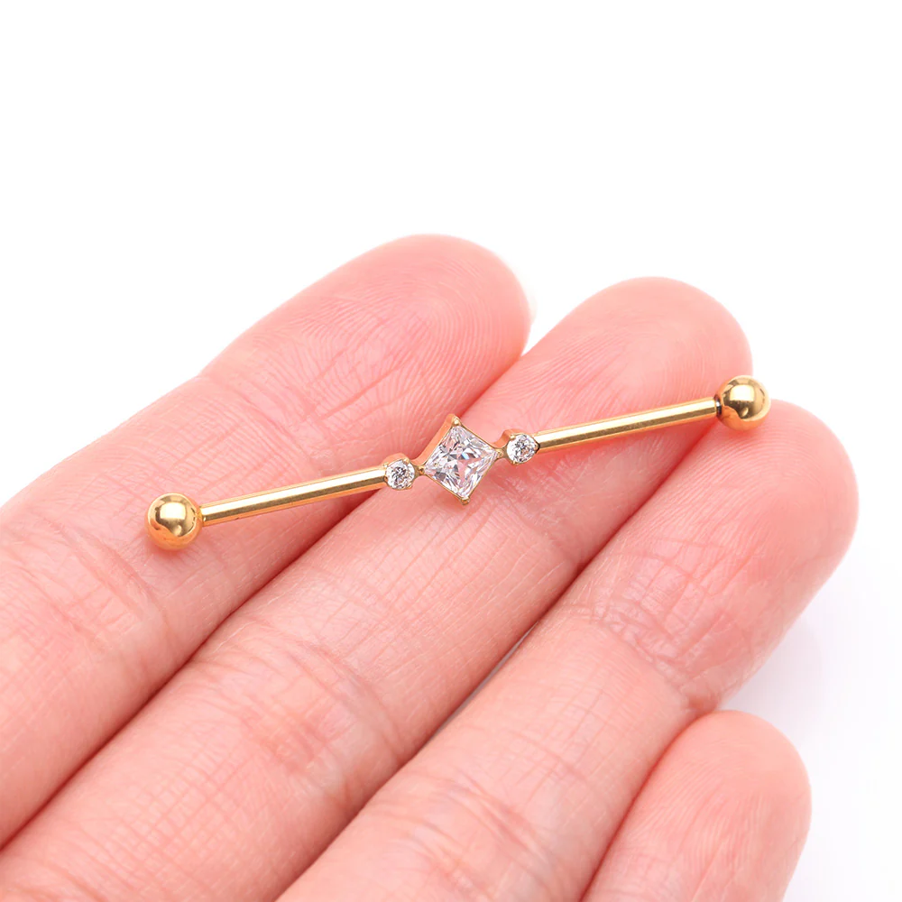 Implant Grade Titanium Golden Diamante Sparkle Internally Threaded Industrial Barbell - Image 3