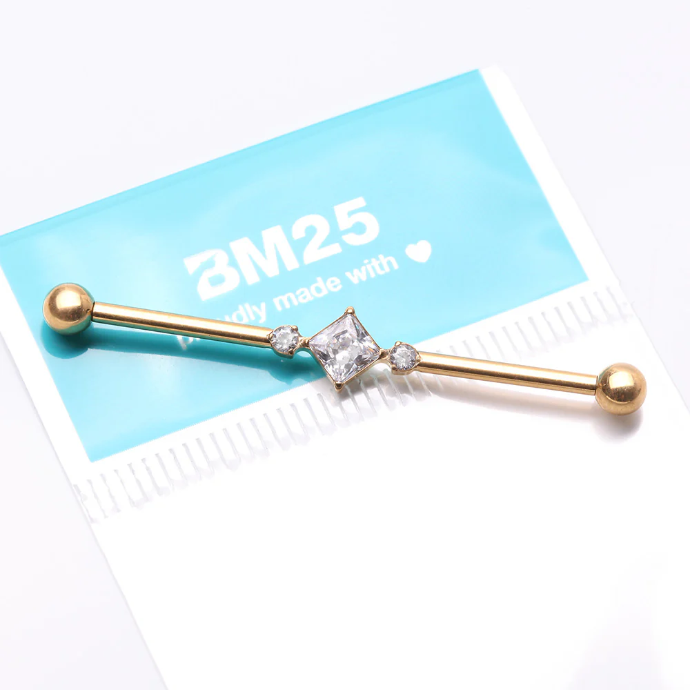 Implant Grade Titanium Golden Diamante Sparkle Internally Threaded Industrial Barbell - Image 5