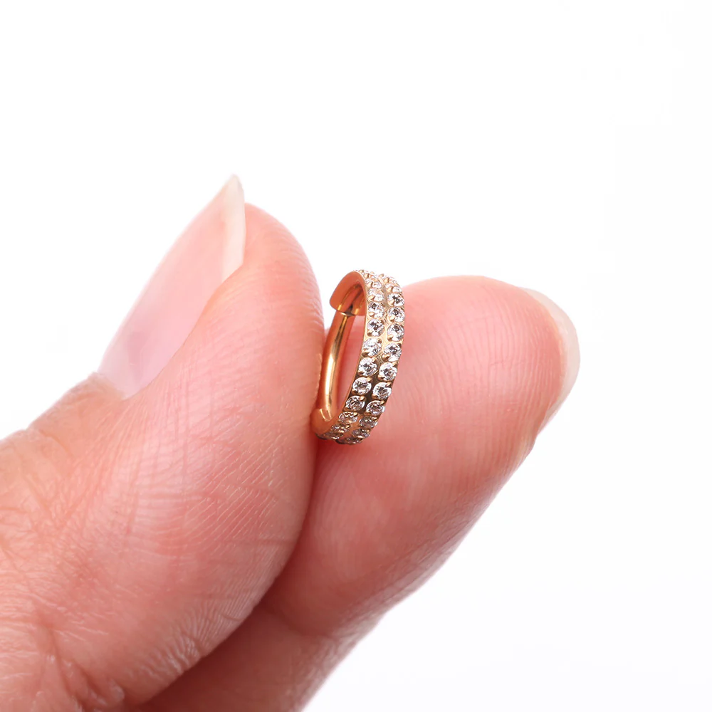 Implant Grade Titanium Golden Double Lined Gems Seamless Clicker Hoop Ring - Image 3