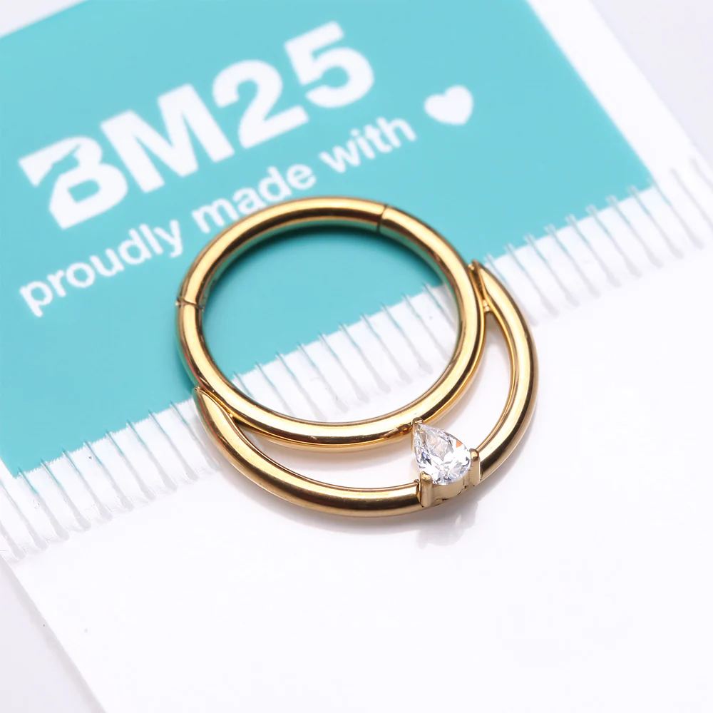 Implant Grade Titanium Golden Double Loop Teardrop Sparkle Clicker Hoop Ring - Image 4