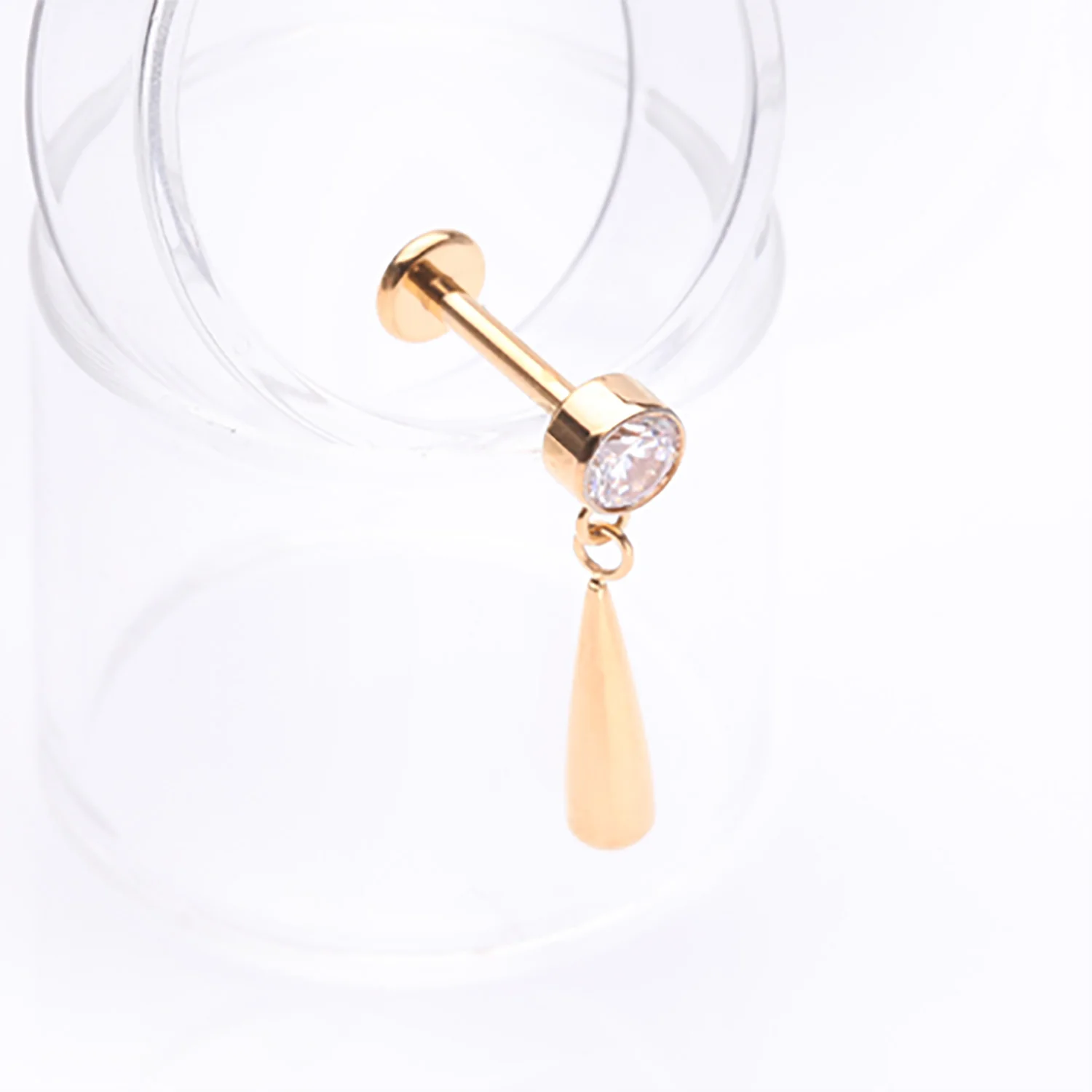 Implant Grade Titanium Golden Gem Sparkle Teardrop Dangle Internally Threaded Flat Back Stud Labret - Image 2