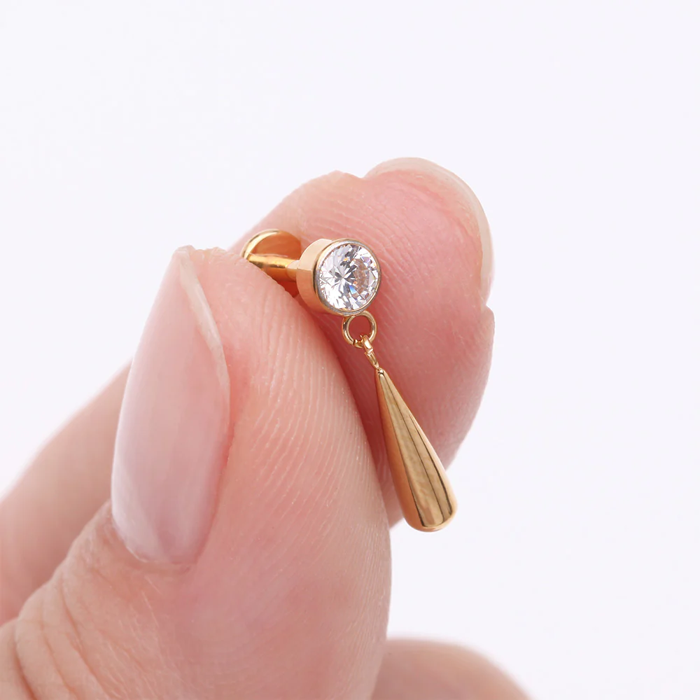 Implant Grade Titanium Golden Gem Sparkle Teardrop Dangle Internally Threaded Flat Back Stud Labret - Image 3