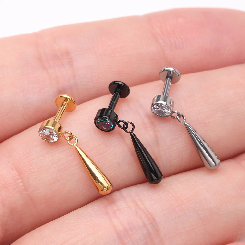 Implant Grade Titanium Golden Gem Sparkle Teardrop Dangle Internally Threaded Flat Back Stud Labret - Image 4
