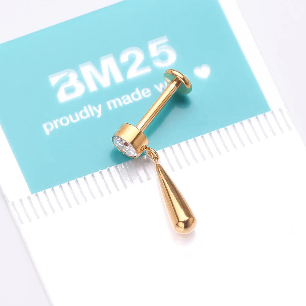 Implant Grade Titanium Golden Gem Sparkle Teardrop Dangle Internally Threaded Flat Back Stud Labret - Image 5