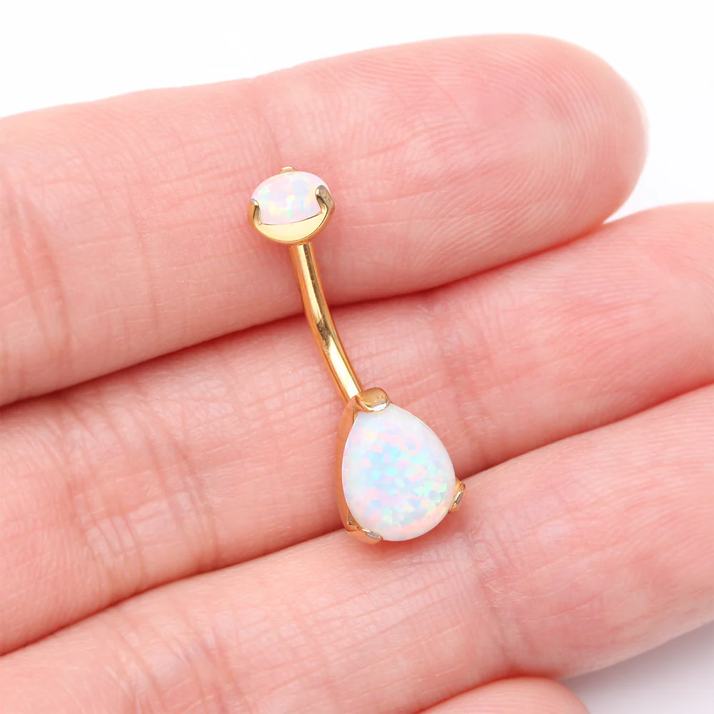 Implant Grade Titanium Golden Internally Threaded Teardrop Opal Prong Belly Button Ring - Image 4