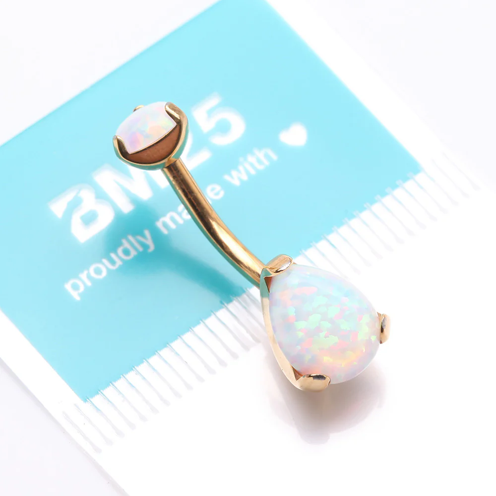 Implant Grade Titanium Golden Internally Threaded Teardrop Opal Prong Belly Button Ring - Image 5