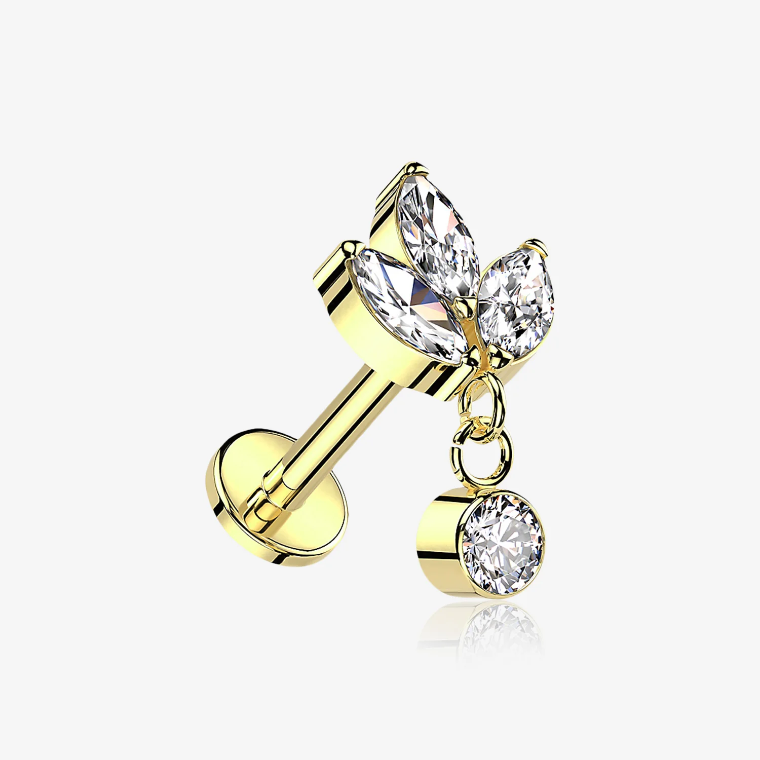 Implant Grade Titanium Golden Marquise Flower Sparkle Dangle Internally Threaded Flat Back Stud Labret