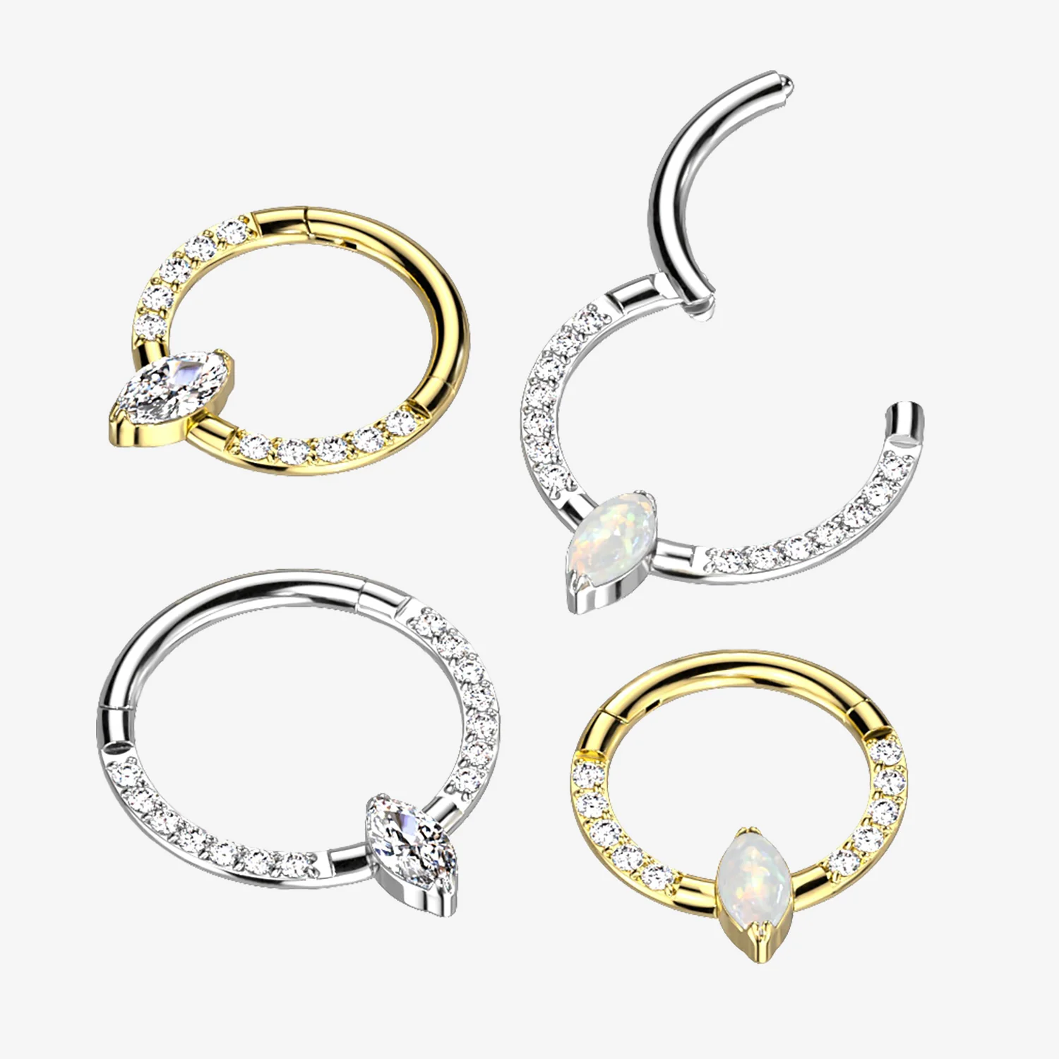 Implant Grade Titanium Golden Marquise Sparkle Fire Opal Lined Clicker Hoop Ring - Image 2