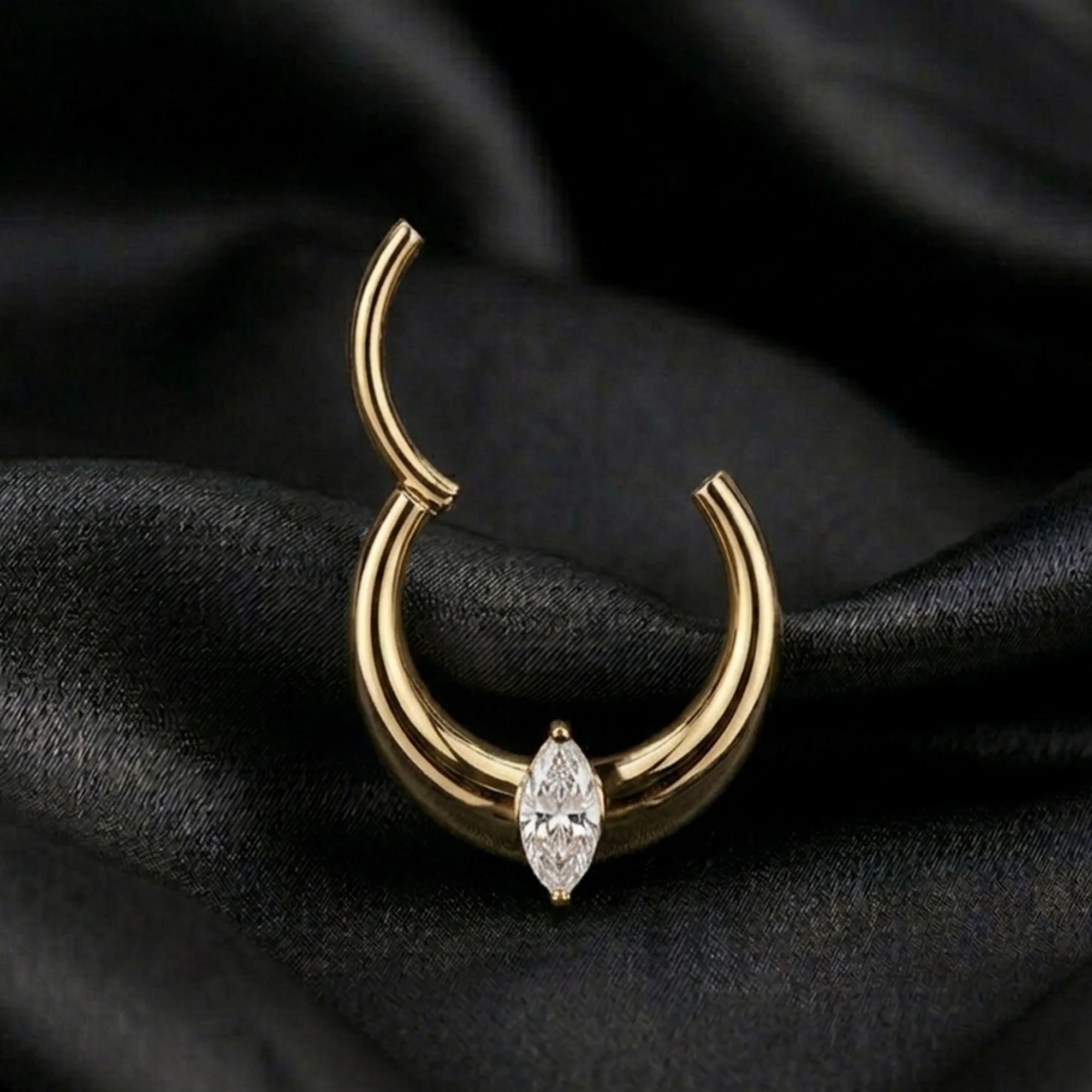 Implant Grade Titanium Golden Marquise Sparkle Hollow Crescent Clicker Hoop Ring - Image 3