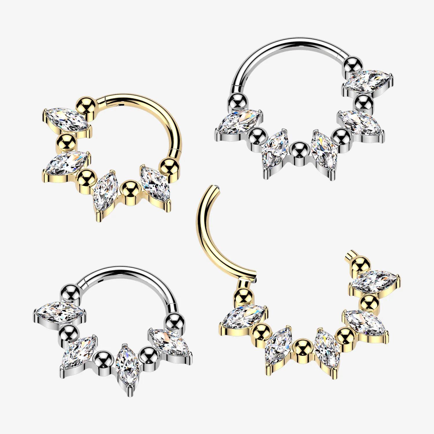 Implant Grade Titanium Golden Marquise Sparkle Royal Floral Clicker Hoop Ring - Image 2