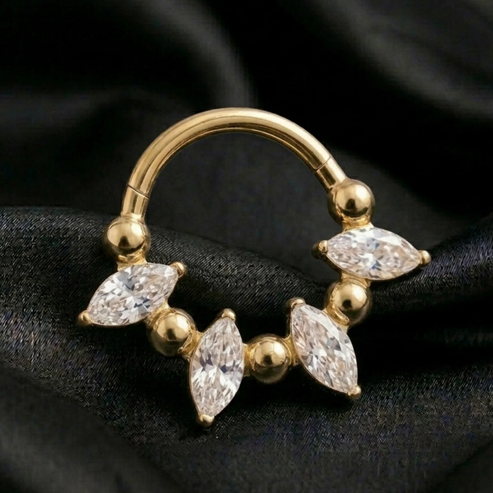 Implant Grade Titanium Golden Marquise Sparkle Royal Floral Clicker Hoop Ring - Image 3