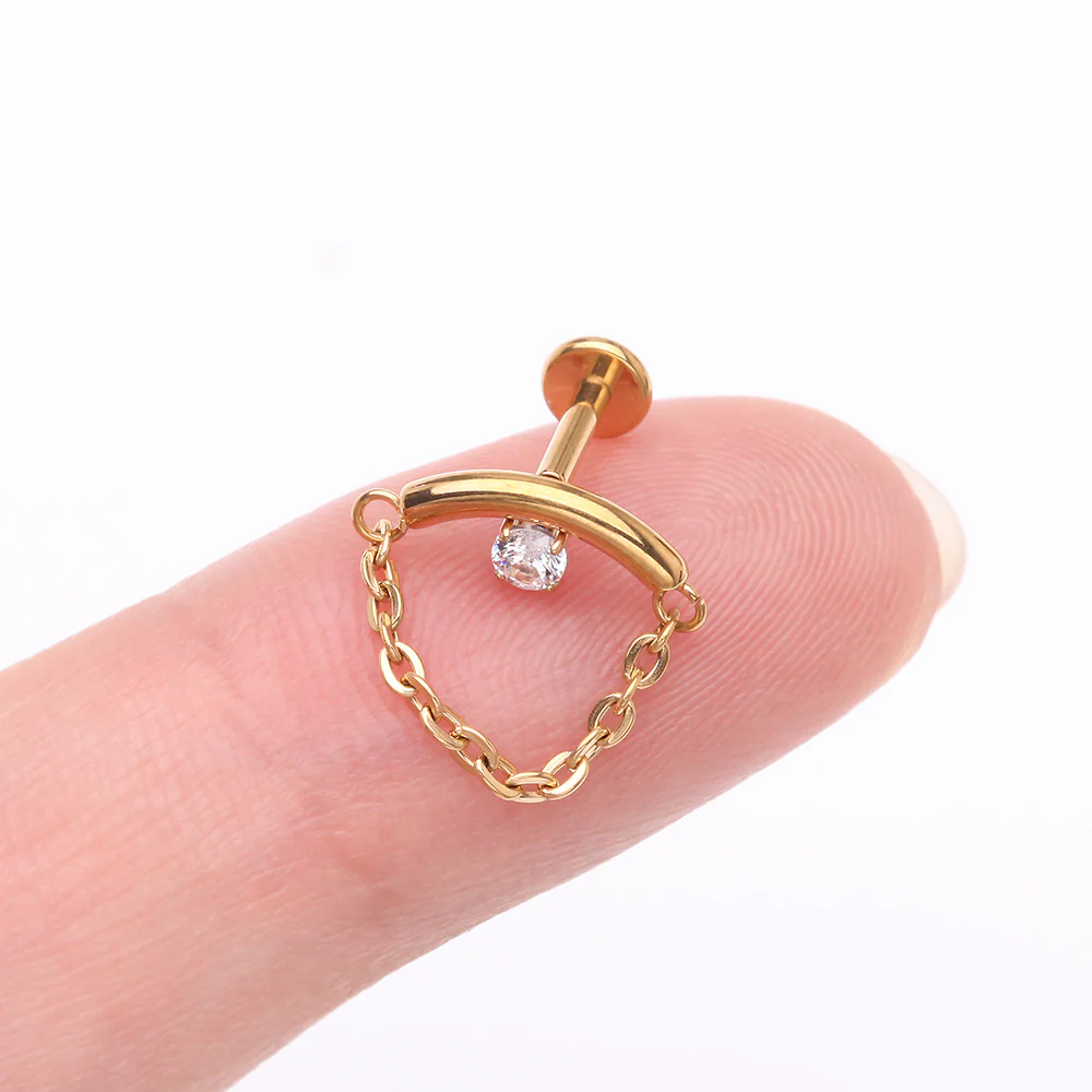Implant Grade Titanium Golden Modern Curve Sparkle Chained Internally Threaded Labret - Image 3