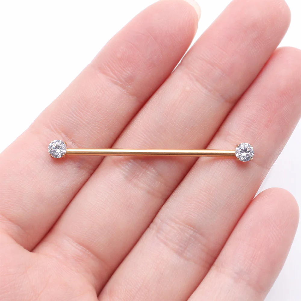 Implant Grade Titanium Golden OneFit Threadless Prong Gem Sparkle Industrial Barbell - Image 3