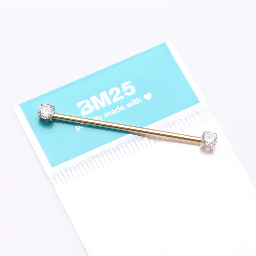 Implant Grade Titanium Golden OneFit Threadless Prong Gem Sparkle Industrial Barbell - Image 4