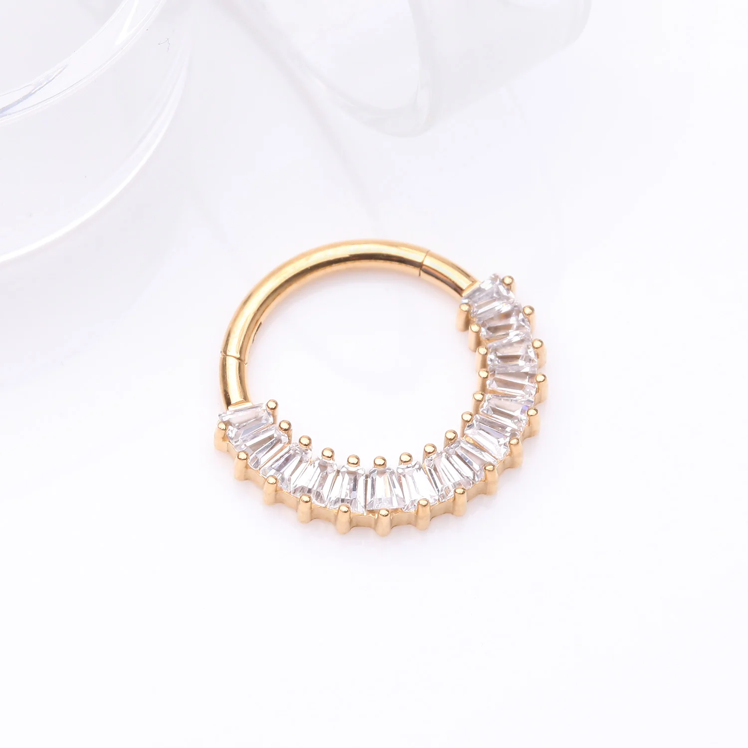 Implant Grade Titanium Golden Pave Baguette Sparkle Clicker Hoop Ring - Image 2
