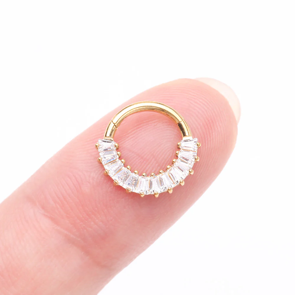 Implant Grade Titanium Golden Pave Baguette Sparkle Clicker Hoop Ring - Image 3